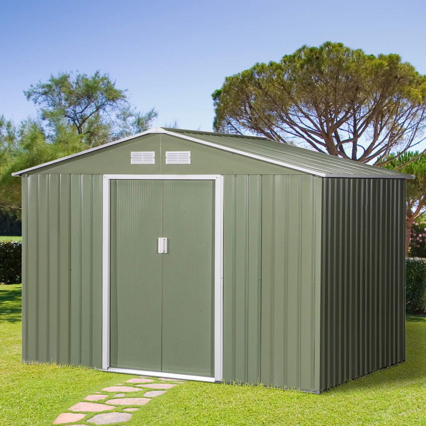 Outsunny 9 x 6ft Garden Metal Storage Shed, Outdoor Storage Tool House with Ventilation Slots, Floor Foundation and Lockable Double Doors, Light Green - Online Shop