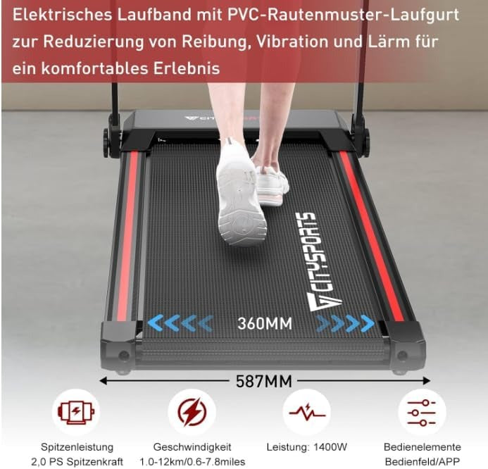CITYSPORTS Elektrische Loopband, Opvouwbare Loopband voor Thuis tot 12 km/u, met LED Display, APP en 360° Tablet Houder, Compacte Wandelband voor Thuis en Kantoor - Online Shop