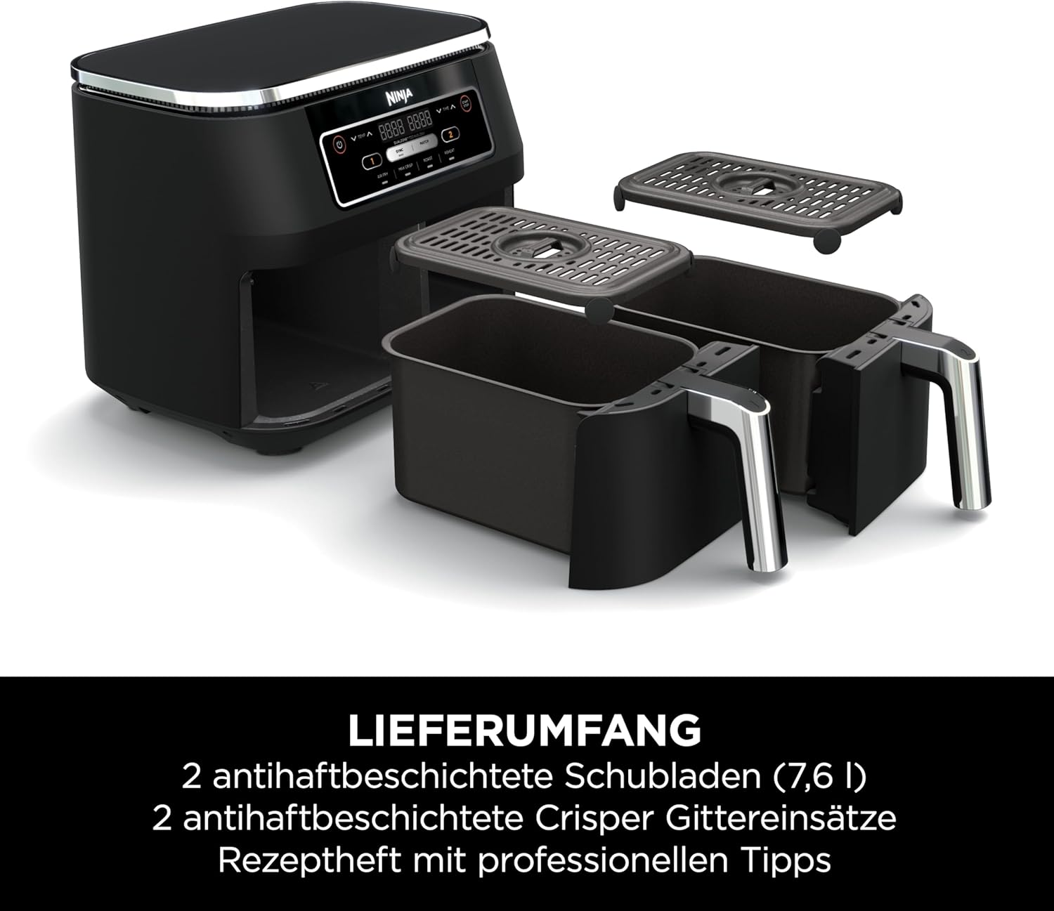 Ninja [AF300EU] 2 Large Frying Compartments, 6 Functions, 2470 W, 2 Independent Garzones, 7.6 Litres, 65% Save Energy Costs - Online Shop