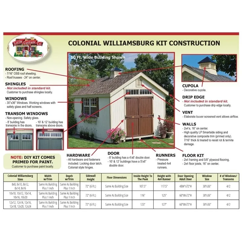Colonial Williamsburg 10' wide x 16' deep solid and faux wood storage shed - Online Shop