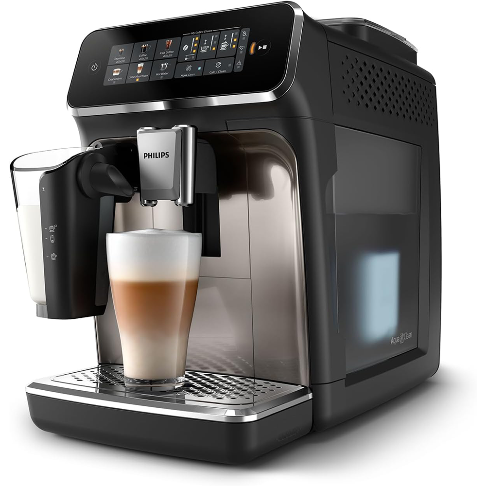 Philips 3300 Series Fully Automatic Espresso Machine - 6 Drinks, Modern Colour Touch Screen Display, LatteGo Milk System, SilentBrew, 100% Ceramic Grinder, AquaClean Filter, Black Chrome (EP3347/90) - Online Shop