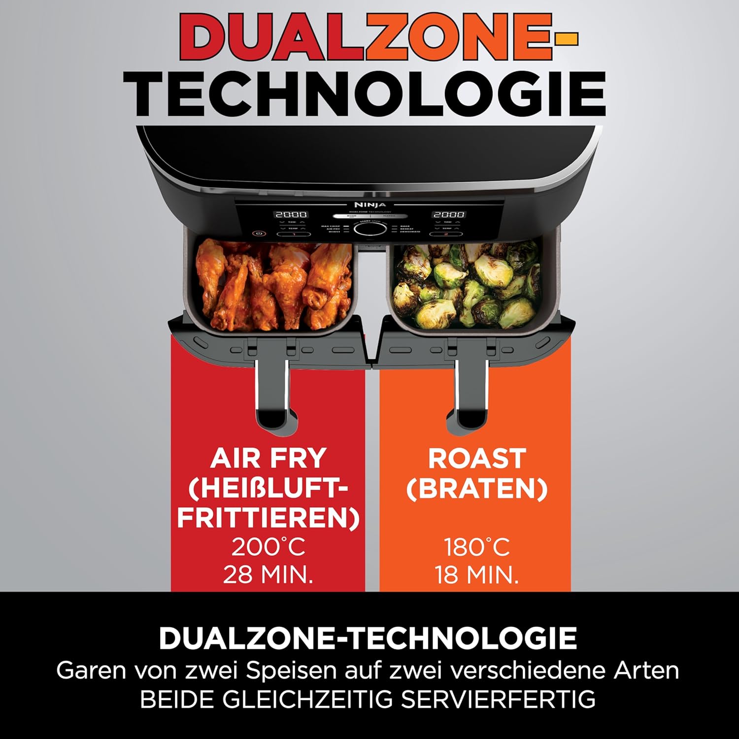 Ninja [AF300EU] 2 Large Frying Compartments, 6 Functions, 2470 W, 2 Independent Garzones, 7.6 Litres, 65% Save Energy Costs - Online Shop