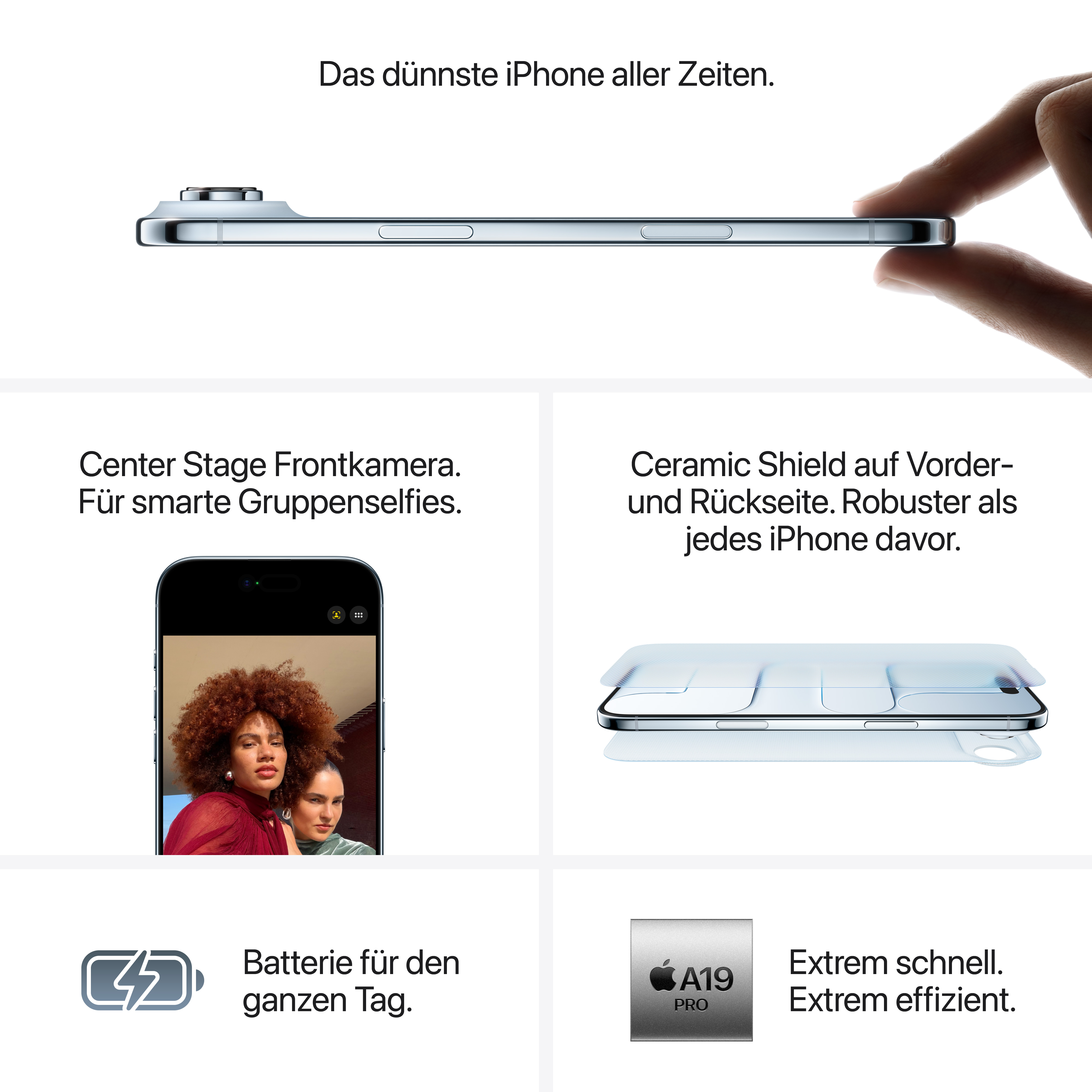 Apple iPhone 17 AIR. Das iPhone Air ist so dünn und leicht, dass man es kaum in der Hand halten kann. Mit nur 5,6 mm Dicke und 165 g 3 ist es das dünnste iPhone aller Zeiten, mit einem riesigen, beeindruckenden 6,5-Zoll-Display 4 und dem leistungssta - Online Shop
