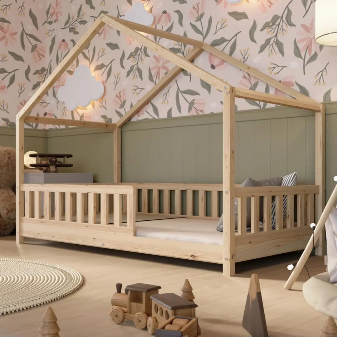 Crazy Pine Cabin Bed 160x80 cm – Natural Wood Children's Bed with Barrier – Montessori Floor Bed with Height-Adjustable Legs and Removable Barrier - Crazy House - Online Shop