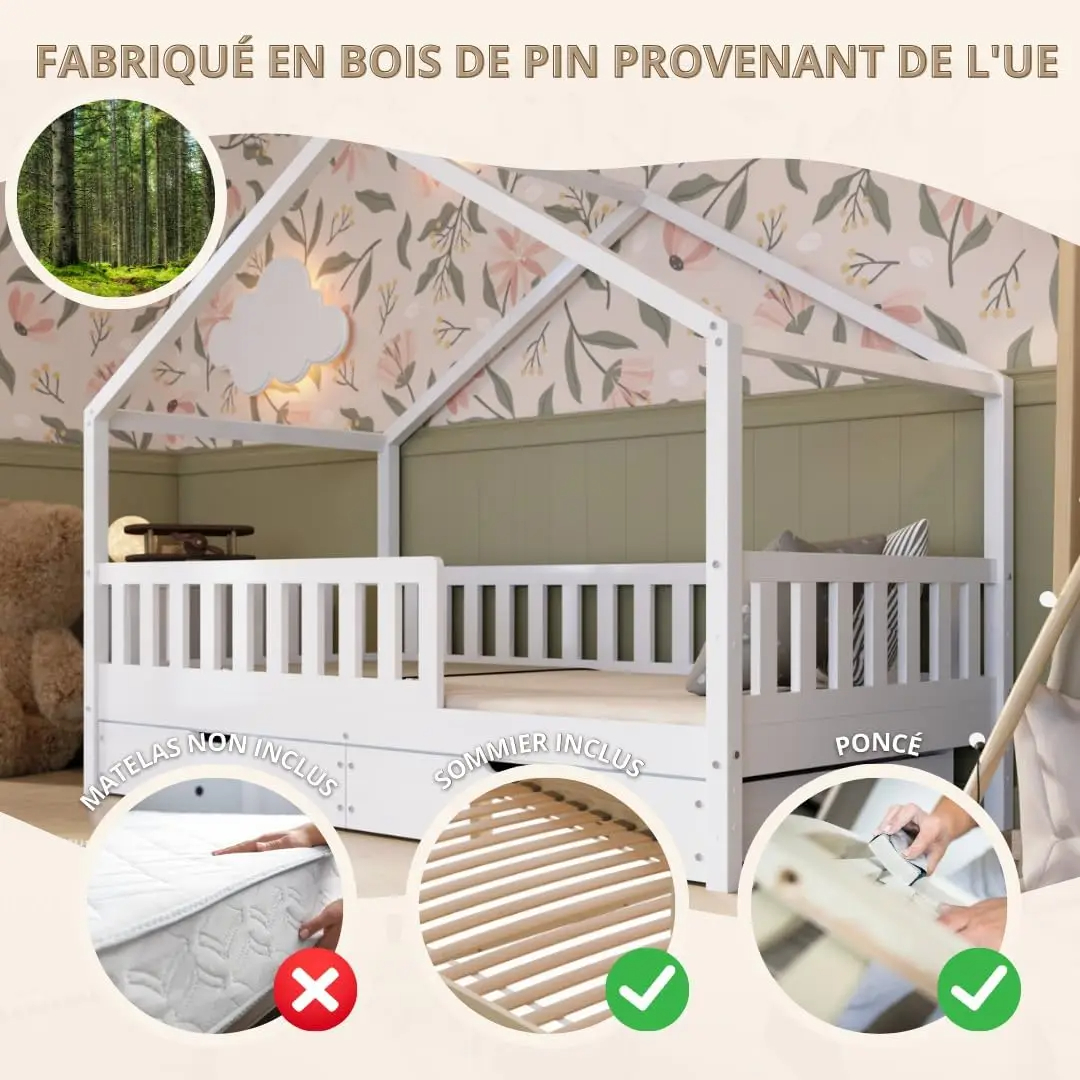 Crazy Pine Cabin Bed 160x80 cm – Natural Wood Children's Bed with Barrier – Montessori Floor Bed with Height-Adjustable Legs and Removable Barrier - Crazy House - Online Shop