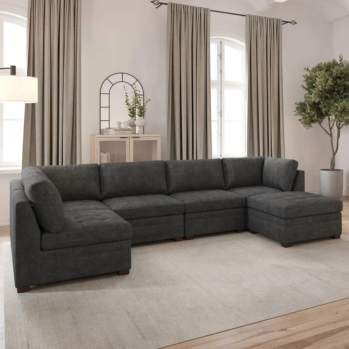 Thomasville Tisdale Modular Sectional 6-piece Beige/Gray with Storage Ottoman - Online Shop