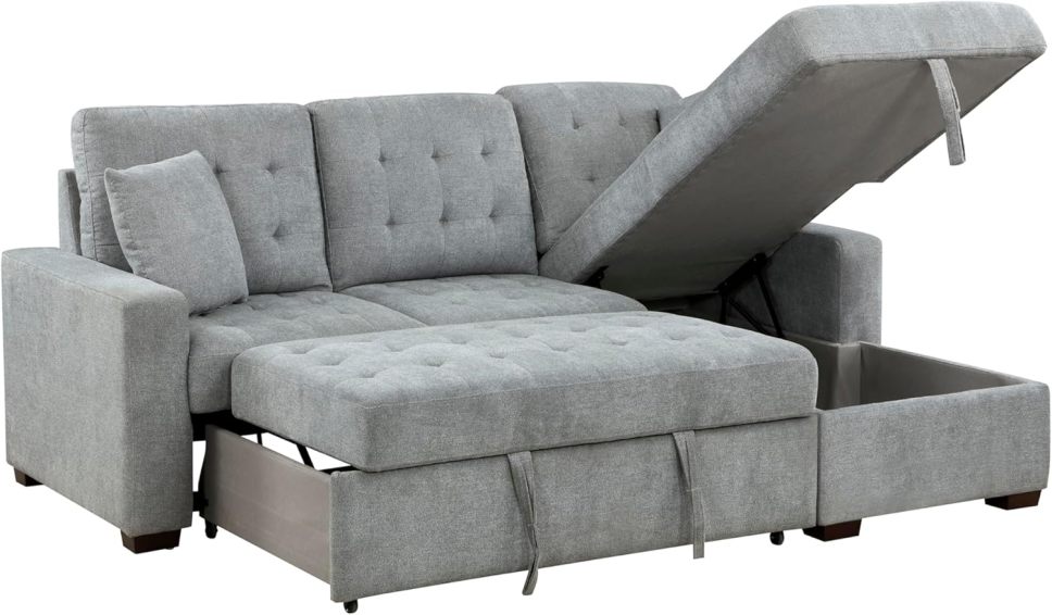 Sleeper Sofa, L Shape Sectional Couch with Right Storage Chaise and Pull Out Sofa Bed, Grey - Online Shop