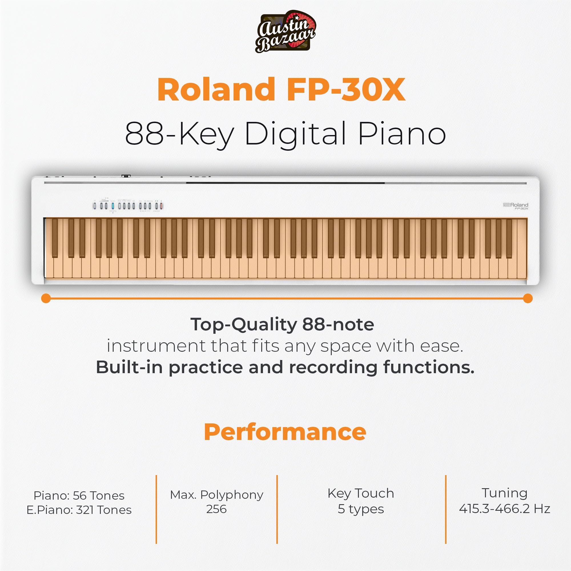 Roland FP-10 Digital Piano - Black Bundle with KSC-FP10 Stand, Bench, Sustain Pedal, Instructional Book, Online Lessons, Instructional DVD, and Austin Bazaar Polishing Cloth - Online Shop