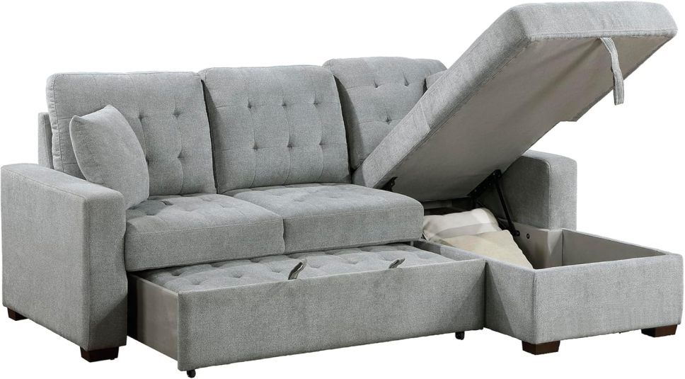 Sleeper Sofa, L Shape Sectional Couch with Right Storage Chaise and Pull Out Sofa Bed, Grey - Online Shop