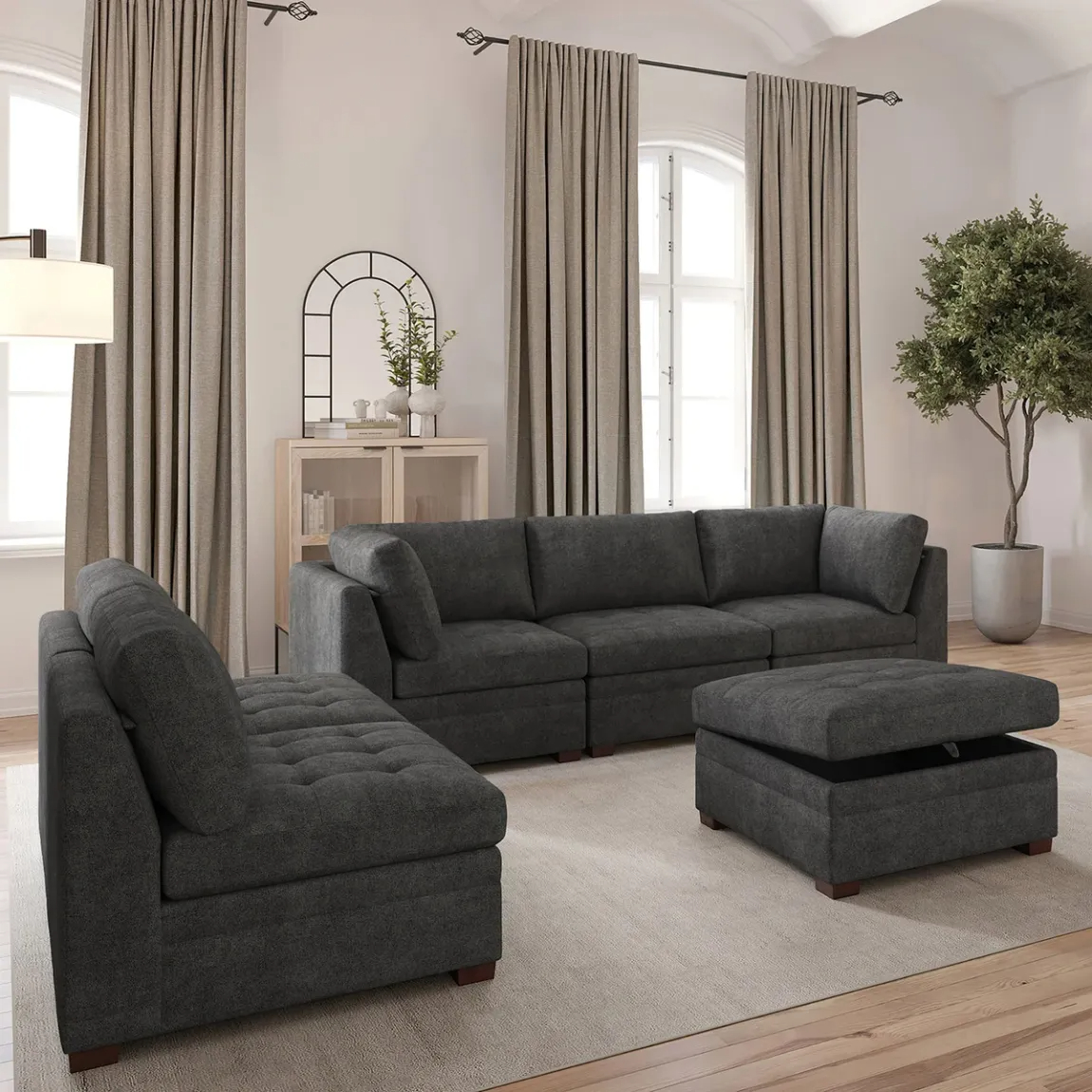 Thomasville Tisdale Modular Sectional 6-piece Beige/Gray with Storage Ottoman - Online Shop