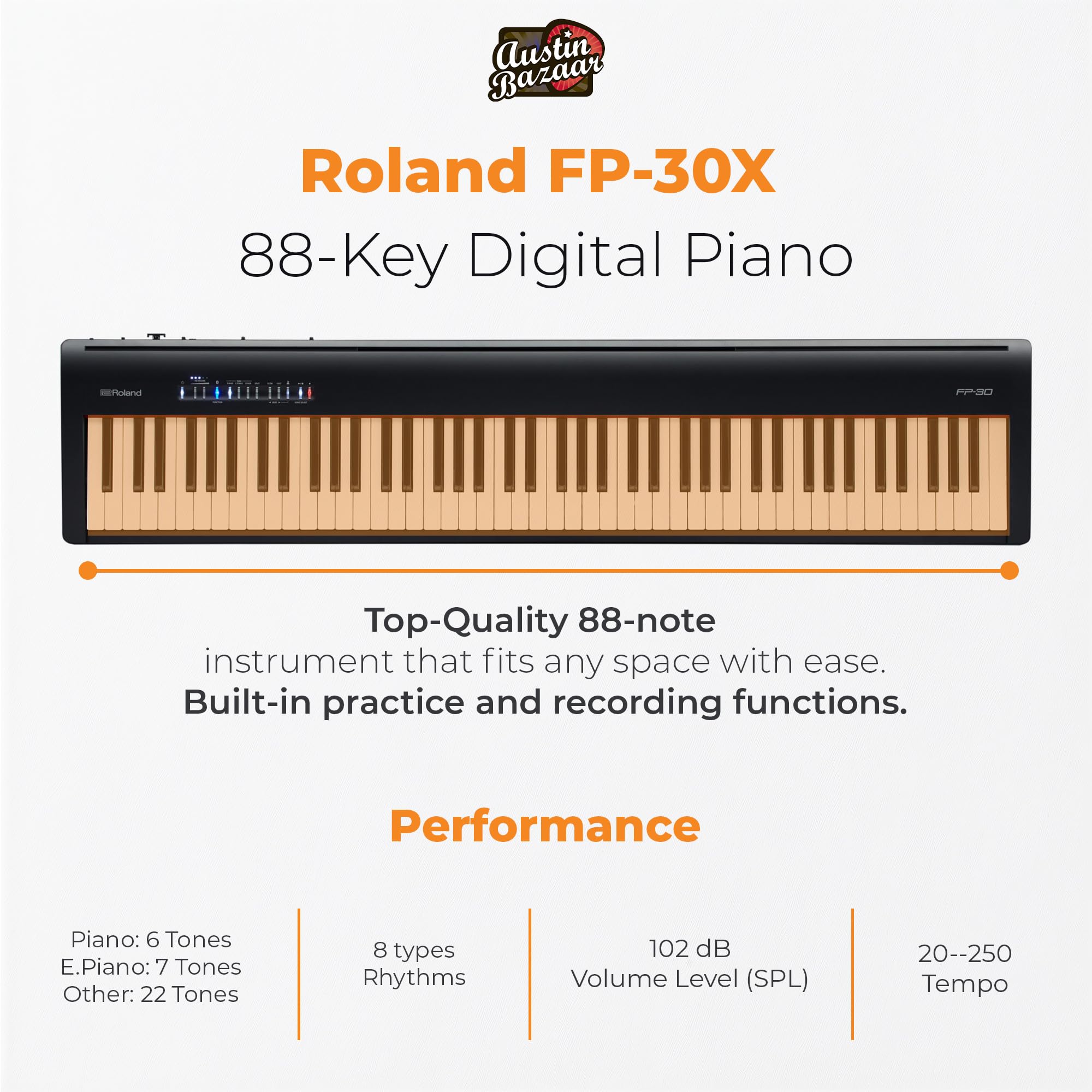 Roland FP-10 Digital Piano - Black Bundle with KSC-FP10 Stand, Bench, Sustain Pedal, Instructional Book, Online Lessons, Instructional DVD, and Austin Bazaar Polishing Cloth - Online Shop