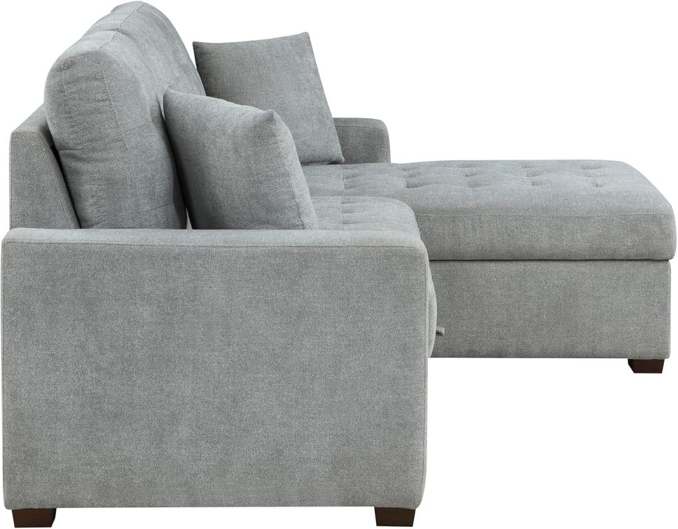 Sleeper Sofa, L Shape Sectional Couch with Right Storage Chaise and Pull Out Sofa Bed, Grey - Online Shop