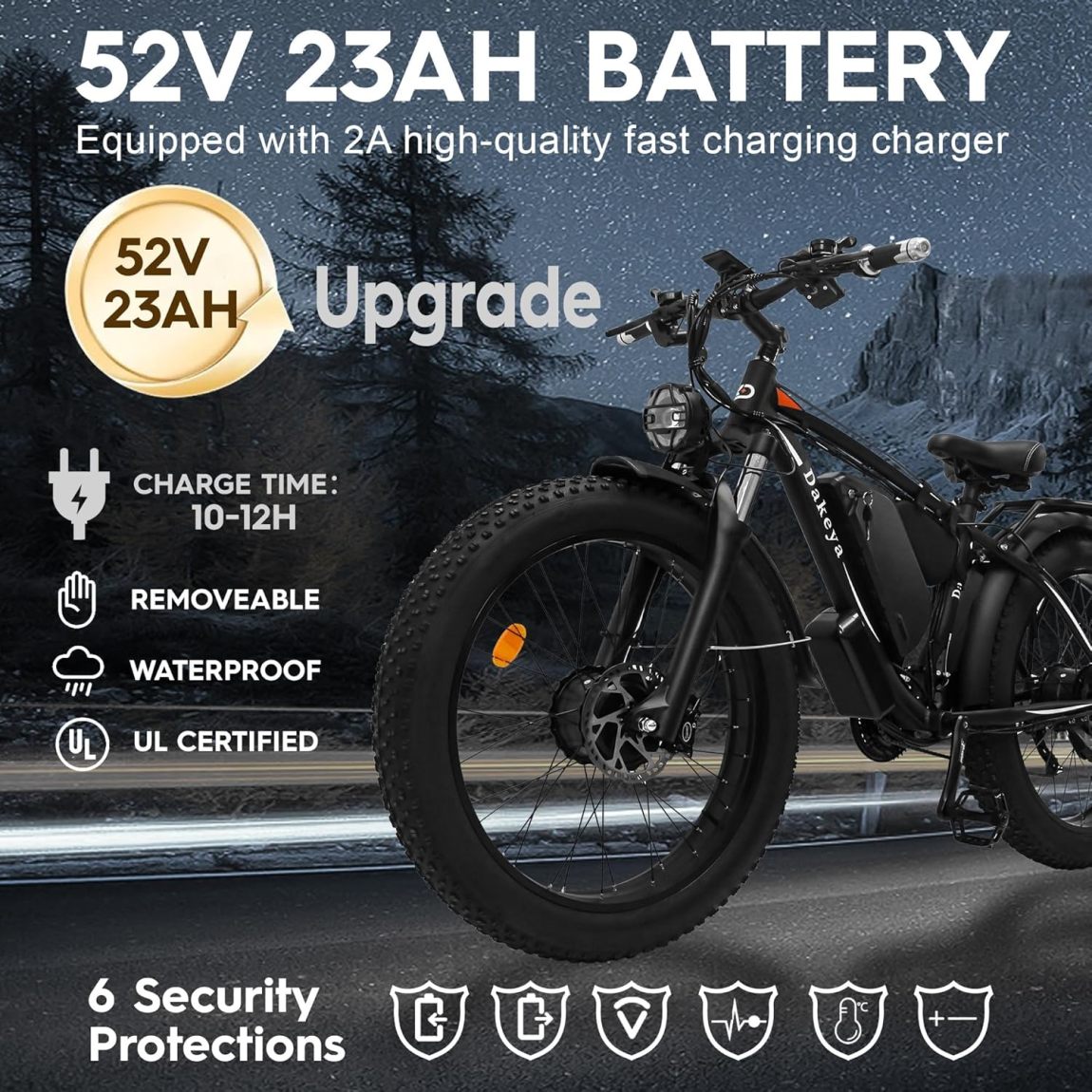 Dakeya Dual Motor Ebike,52V 23AH Battery Electric Bike for Adults AWD 2000W Peak 3600W,21-Speed 37MPH Mountain Snow Ebike with Removable,26 x 4.0 Fat Tire E-Bike with Cycling Pannier Bag - Online Shop
