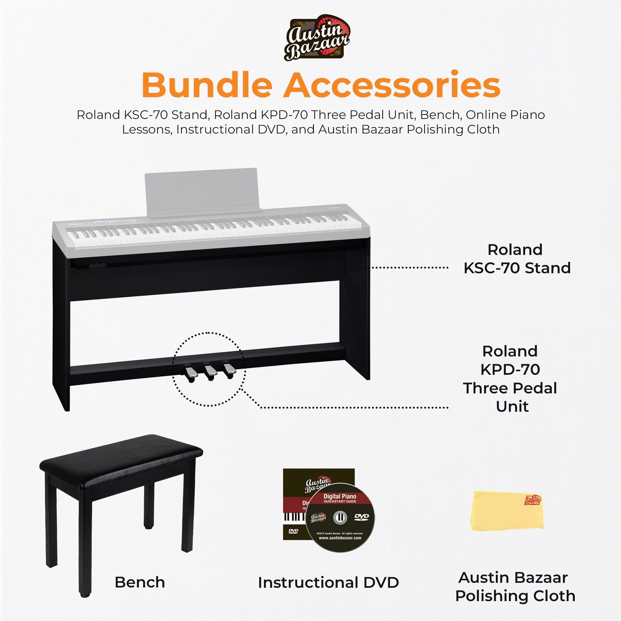Roland FP-10 Digital Piano - Black Bundle with KSC-FP10 Stand, Bench, Sustain Pedal, Instructional Book, Online Lessons, Instructional DVD, and Austin Bazaar Polishing Cloth - Online Shop