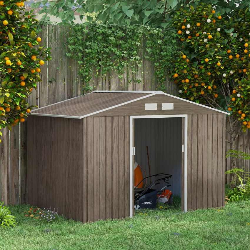Outsunny 9 x 6ft Garden Metal Storage Shed, Outdoor Storage Tool House with Ventilation Slots, Floor Foundation and Lockable Double Doors, Light Green - Online Shop