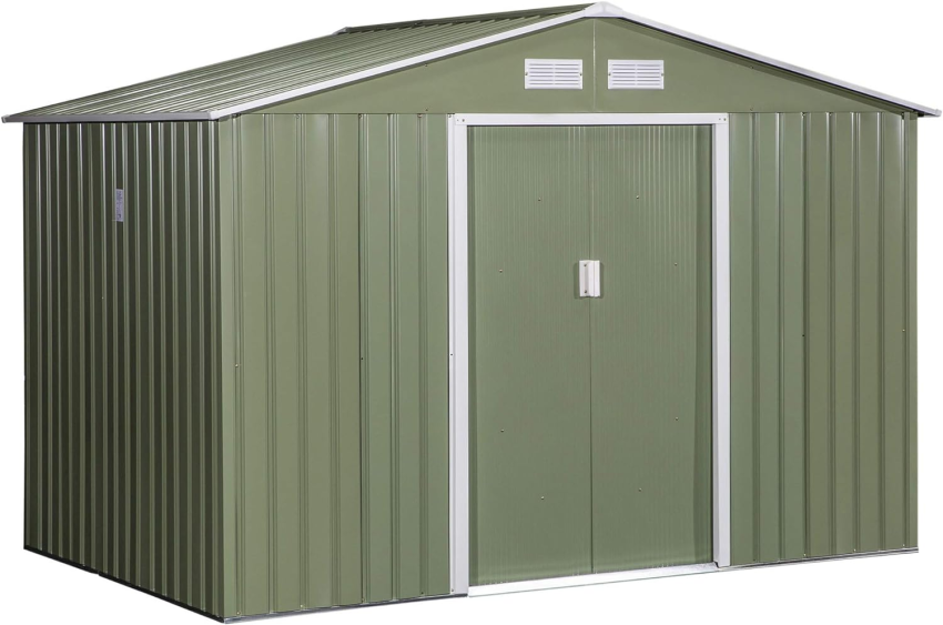 Outsunny 9 x 6ft Garden Metal Storage Shed, Outdoor Storage Tool House with Ventilation Slots, Floor Foundation and Lockable Double Doors, Light Green - Online Shop