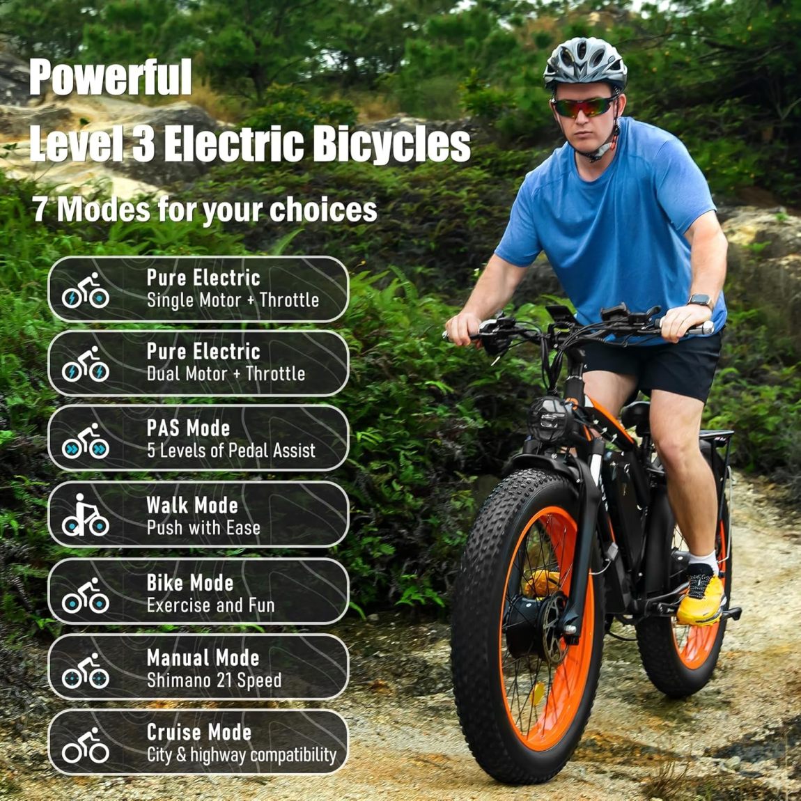 Dakeya Dual Motor Ebike,52V 23AH Battery Electric Bike for Adults AWD 2000W Peak 3600W,21-Speed 37MPH Mountain Snow Ebike with Removable,26 x 4.0 Fat Tire E-Bike with Cycling Pannier Bag - Online Shop
