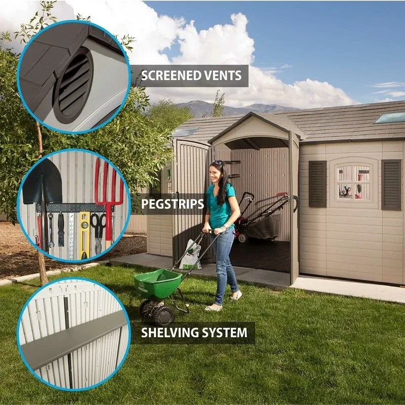 Double entry 15' wide x 8' deep plastic storage shed - Online Shop