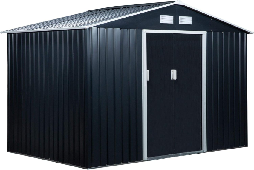 Outsunny 9 x 6ft Garden Metal Storage Shed, Outdoor Storage Tool House with Ventilation Slots, Floor Foundation and Lockable Double Doors, Light Green - Online Shop