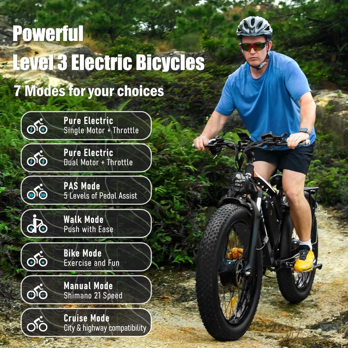 Dakeya Dual Motor Ebike,52V 23AH Battery Electric Bike for Adults AWD 2000W Peak 3600W,21-Speed 37MPH Mountain Snow Ebike with Removable,26 x 4.0 Fat Tire E-Bike with Cycling Pannier Bag - Online Shop