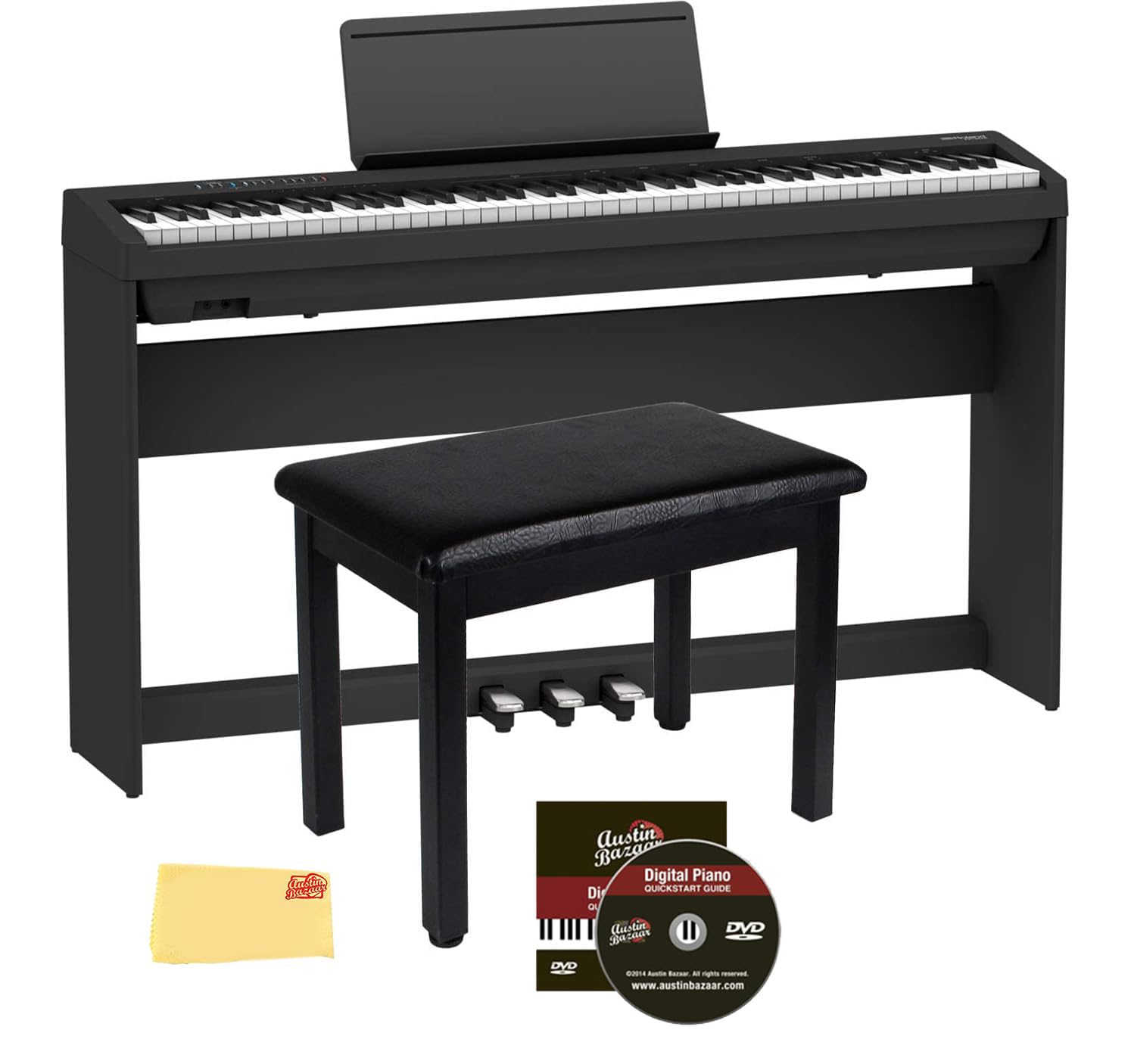 Roland FP-10 Digital Piano - Black Bundle with KSC-FP10 Stand, Bench, Sustain Pedal, Instructional Book, Online Lessons, Instructional DVD, and Austin Bazaar Polishing Cloth - Online Shop