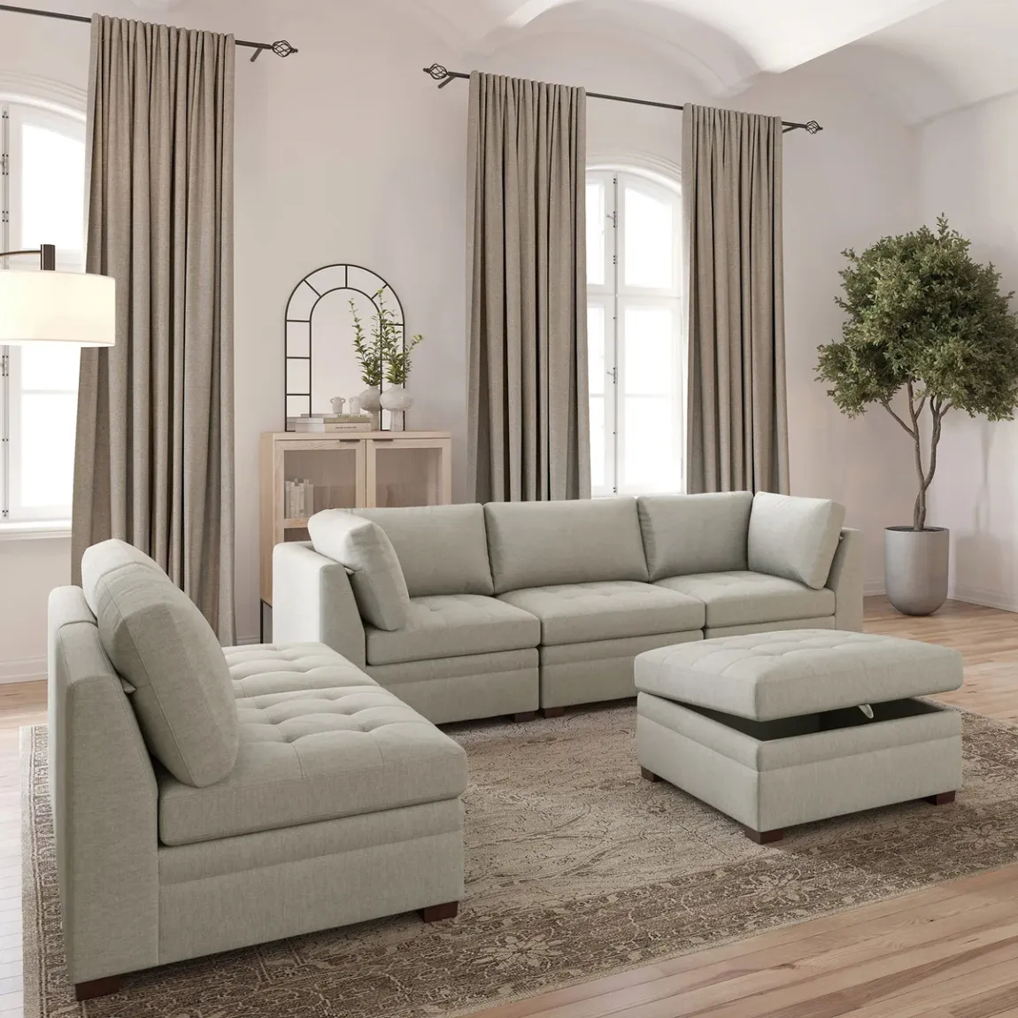 Thomasville Tisdale Modular Sectional 6-piece Beige/Gray with Storage Ottoman - Online Shop