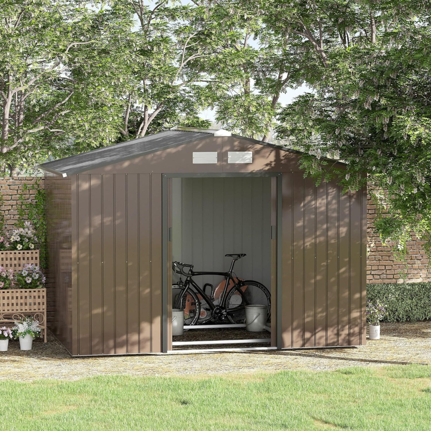 Outsunny 9 x 6ft Garden Metal Storage Shed, Outdoor Storage Tool House with Ventilation Slots, Floor Foundation and Lockable Double Doors, Light Green - Online Shop