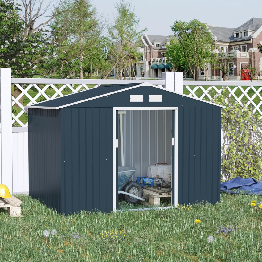 Outsunny 9 x 6ft Garden Metal Storage Shed, Outdoor Storage Tool House with Ventilation Slots, Floor Foundation and Lockable Double Doors, Light Green - Online Shop