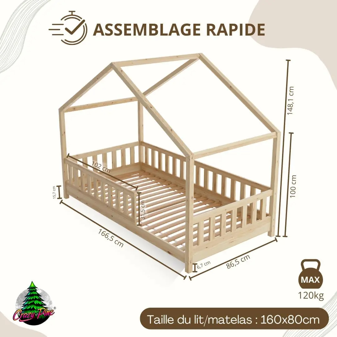 Crazy Pine Cabin Bed 160x80 cm – Natural Wood Children's Bed with Barrier – Montessori Floor Bed with Height-Adjustable Legs and Removable Barrier - Crazy House - Online Shop