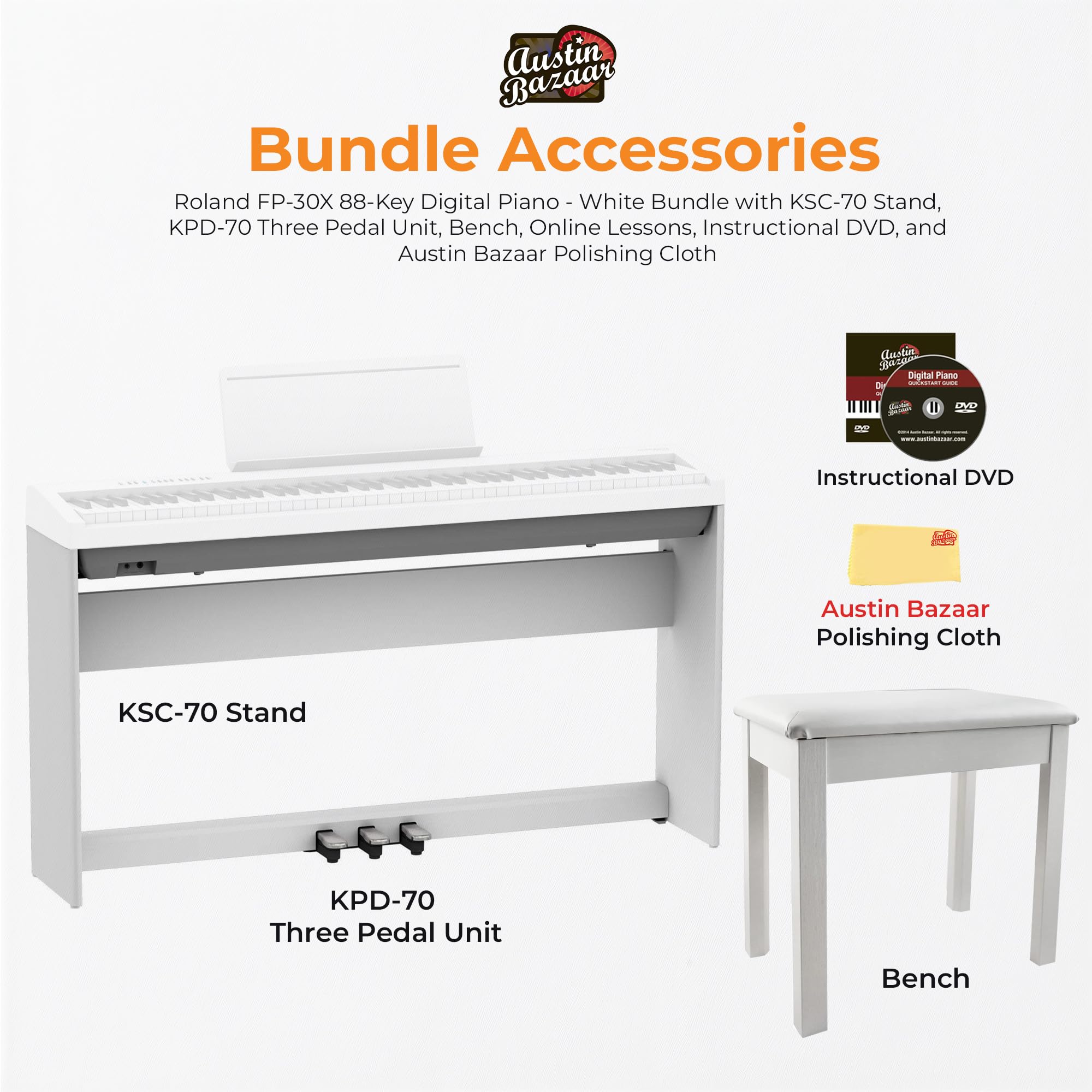 Roland FP-10 Digital Piano - Black Bundle with KSC-FP10 Stand, Bench, Sustain Pedal, Instructional Book, Online Lessons, Instructional DVD, and Austin Bazaar Polishing Cloth - Online Shop