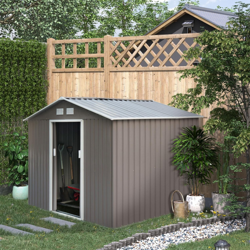 Outsunny 9 x 6ft Garden Metal Storage Shed, Outdoor Storage Tool House with Ventilation Slots, Floor Foundation and Lockable Double Doors, Light Green - Online Shop