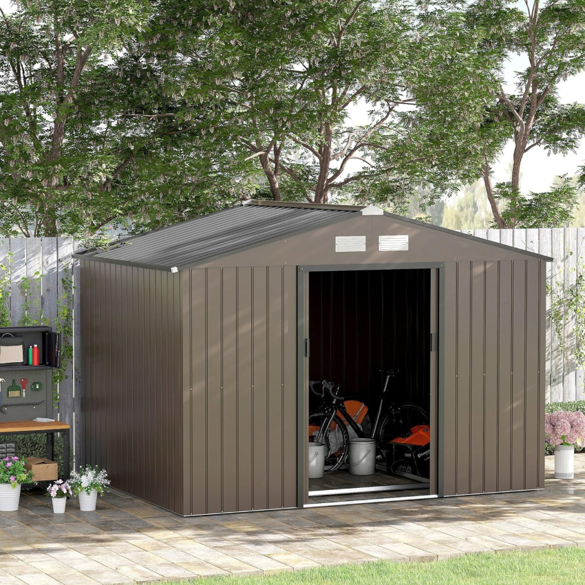 Outsunny 9 x 6ft Garden Metal Storage Shed, Outdoor Storage Tool House with Ventilation Slots, Floor Foundation and Lockable Double Doors, Light Green - Online Shop
