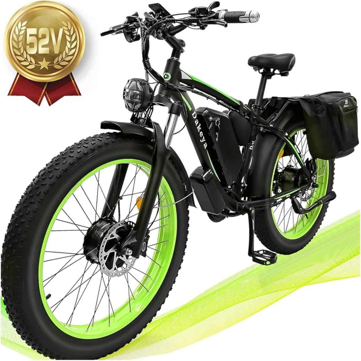 Dakeya Dual Motor Ebike,52V 23AH Battery Electric Bike for Adults AWD 2000W Peak 3600W,21-Speed 37MPH Mountain Snow Ebike with Removable,26 x 4.0 Fat Tire E-Bike with Cycling Pannier Bag - Online Shop