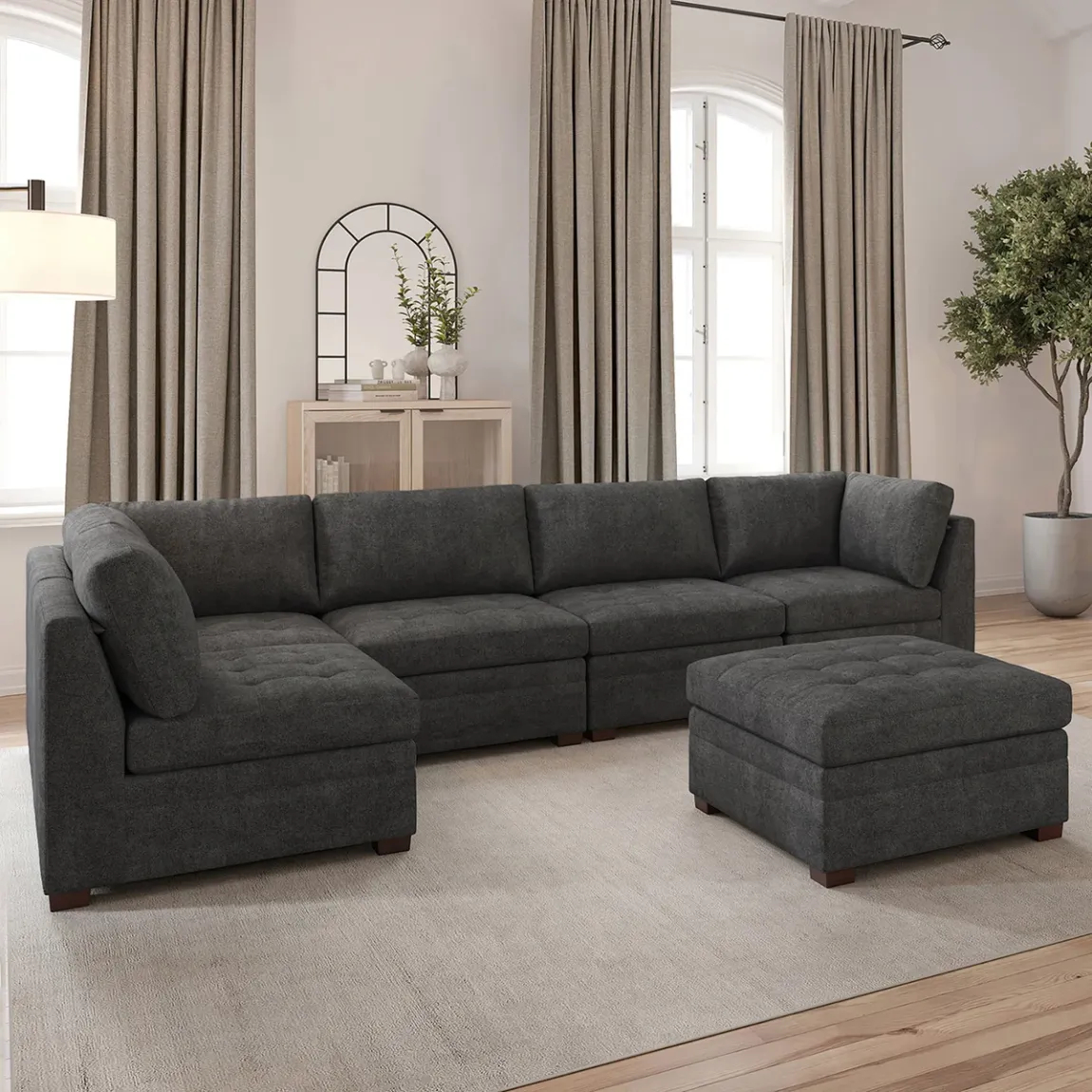 Thomasville Tisdale Modular Sectional 6-piece Beige/Gray with Storage Ottoman - Online Shop