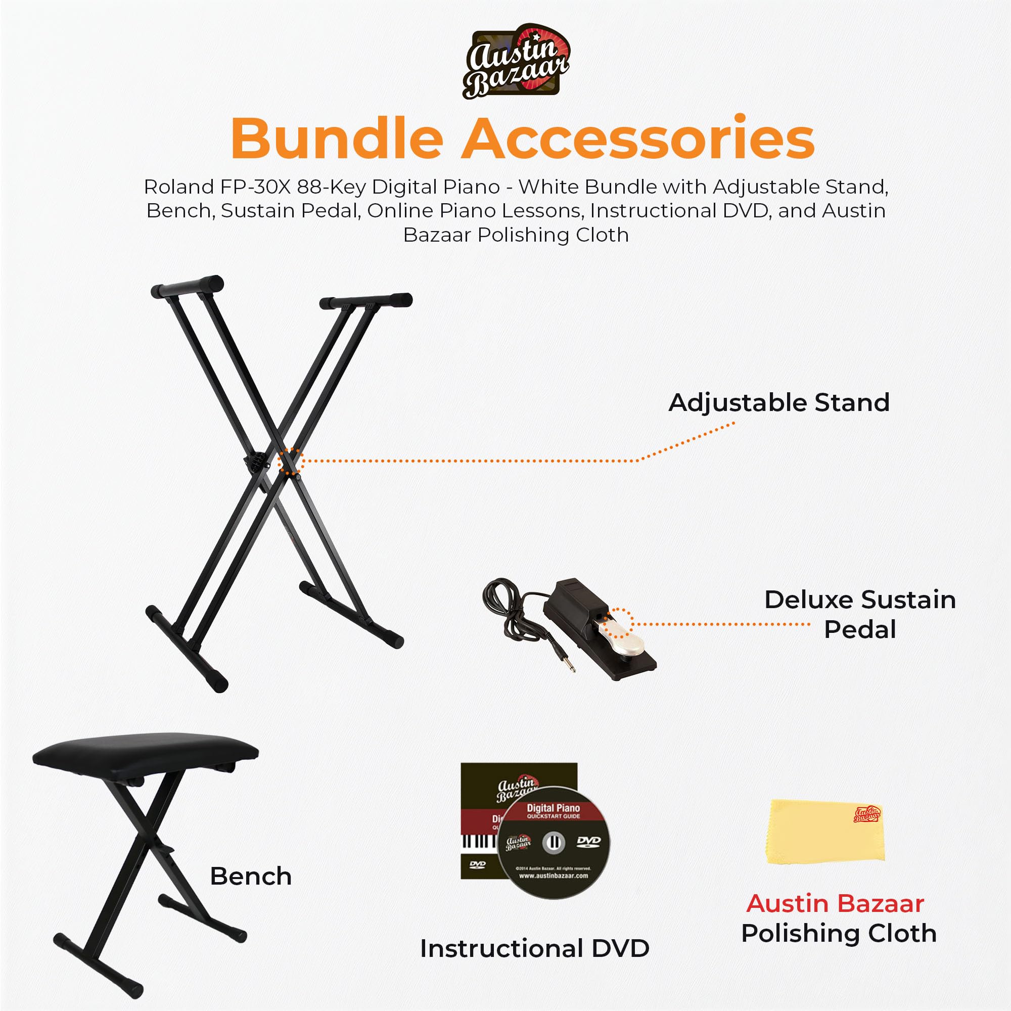 Roland FP-10 Digital Piano - Black Bundle with KSC-FP10 Stand, Bench, Sustain Pedal, Instructional Book, Online Lessons, Instructional DVD, and Austin Bazaar Polishing Cloth - Online Shop