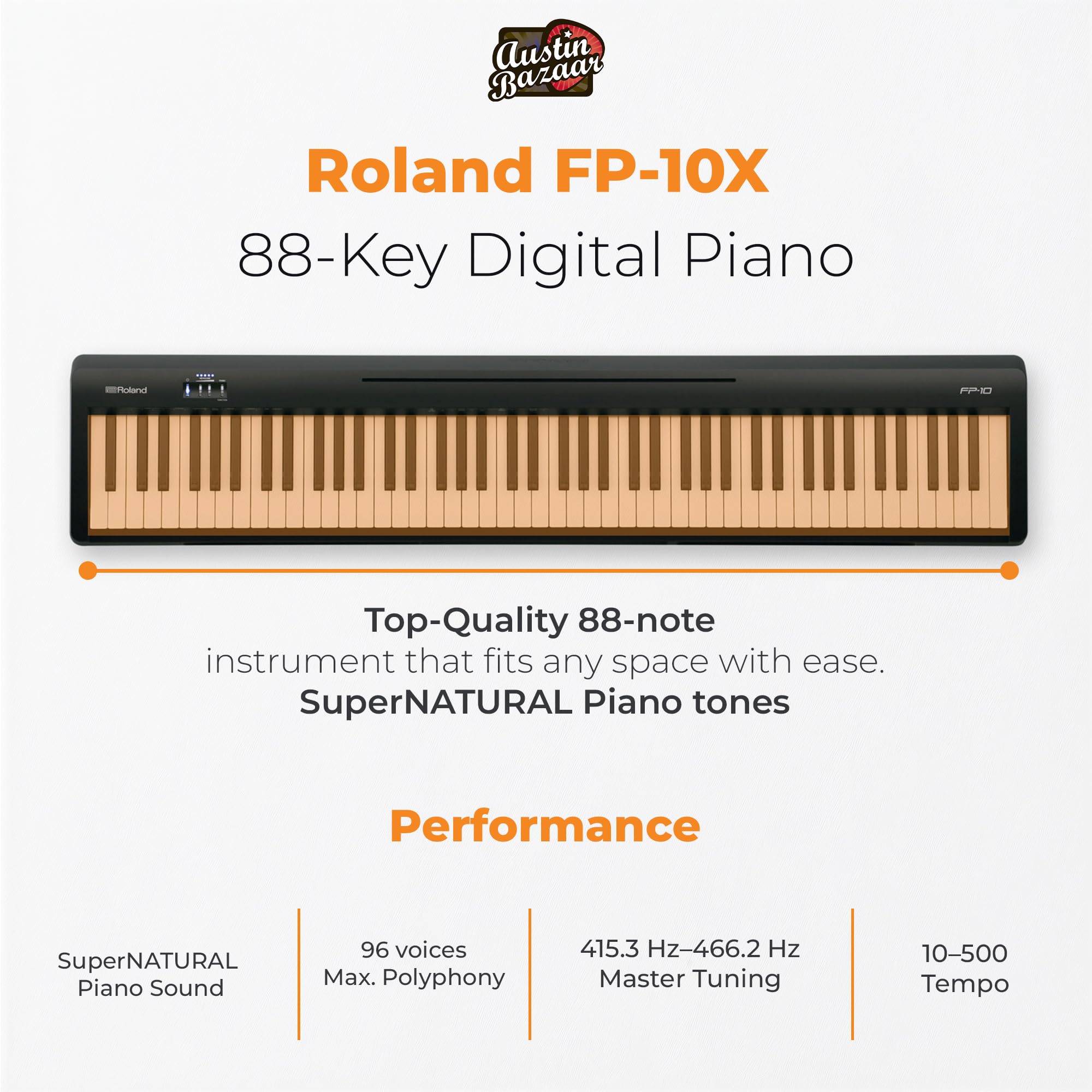 Roland FP-10 Digital Piano - Black Bundle with KSC-FP10 Stand, Bench, Sustain Pedal, Instructional Book, Online Lessons, Instructional DVD, and Austin Bazaar Polishing Cloth - Online Shop